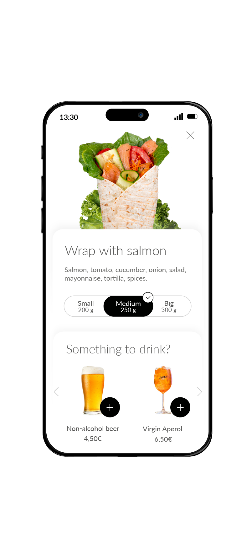 Markus Mobile Order App - Vapiano menu size options